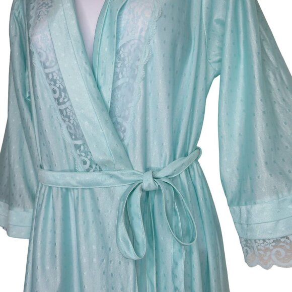 Vintage Gilead Full Length Sweeping Dressing Gown Robe S Turquoise Nylon Lace - Picture 12 of 15